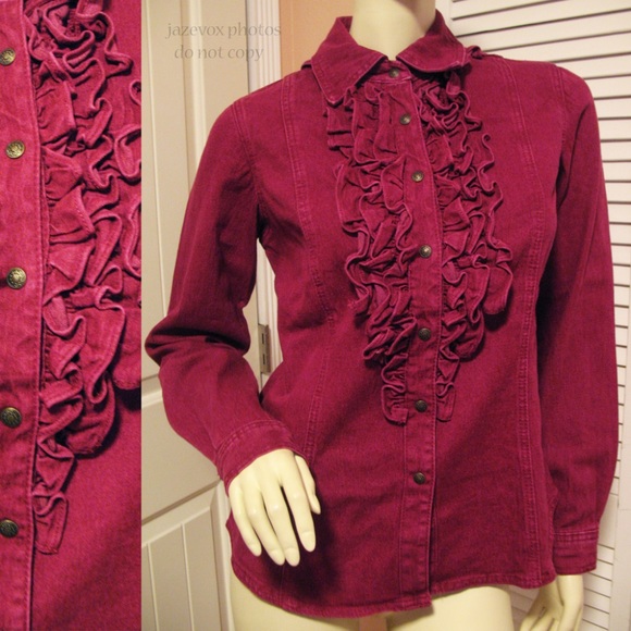 Vintage Y2K Diane Gilman Womens Denim Jean Jacket Ruffle Top S Long Sleeve Red - Picture 1 of 8
